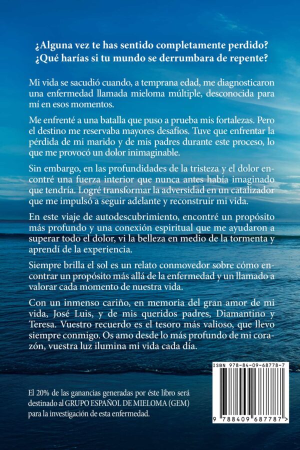Siempre Brilla el Sol, contraportada del libro de Chary Jiménez sobre superación y esperanza frente al mieloma múltiple.
